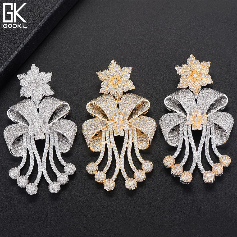 GODKI 72mm Trendy Luxury Bowknot Tassels Nigerian Long Dangle Earrings For Women Wedding Zirconia CZ Dubai Bicolor Earring | Украшения и