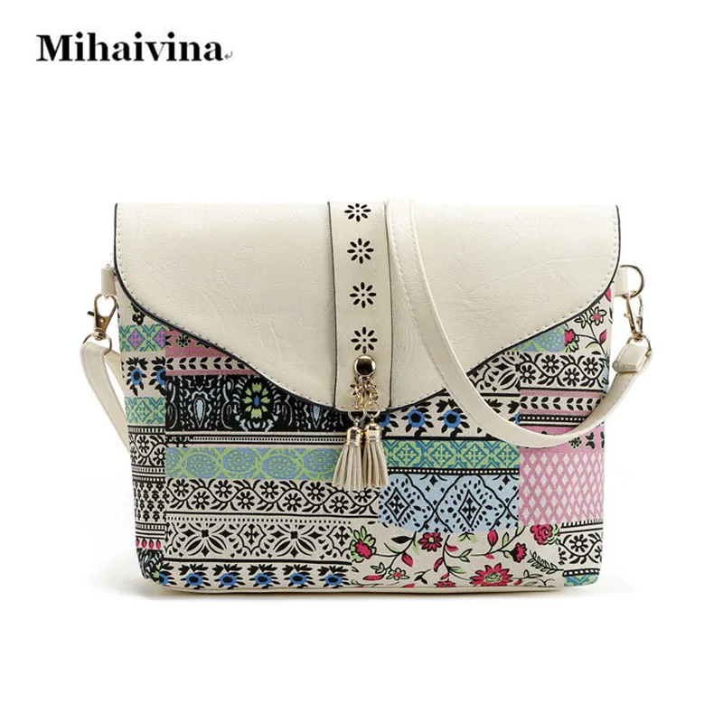 

New Fashion Women Canvas Bags Retro Messenger Bag Women Shoulder Bag Tassel Flower Printed Crossbody Bags Lady's Leather Handbag