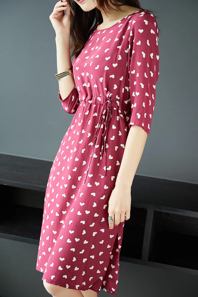 Новинка 2017 платье из чистого шелка с принтом сердца женское 100% натурального