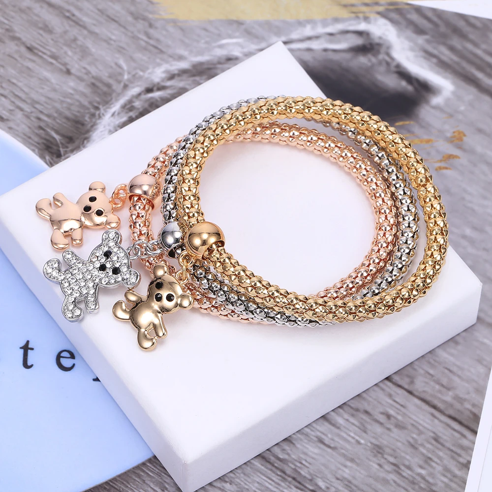 

Cute Bear Crystal Charm Bracelets for Women Fashion Luxury Jewelry Gift Elastic Popcorn Chain 3pcs/set Adjustable Bracelet 2020
