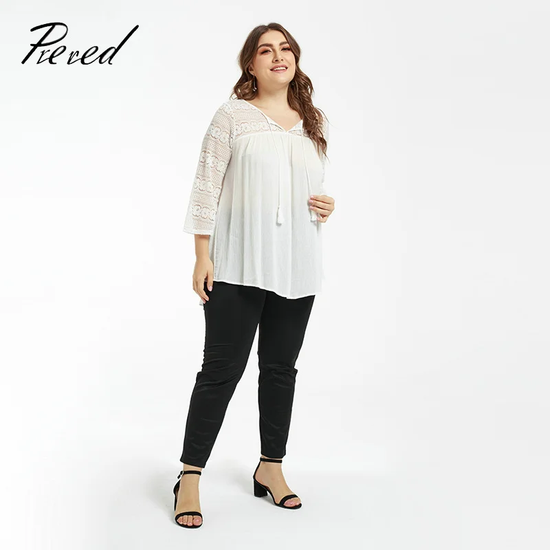 Women's T-shirt Lace Long Sleeve Large Size Solid Color splice perspective V-Neck Spring and Summer Loose casual High Street Top | Женская