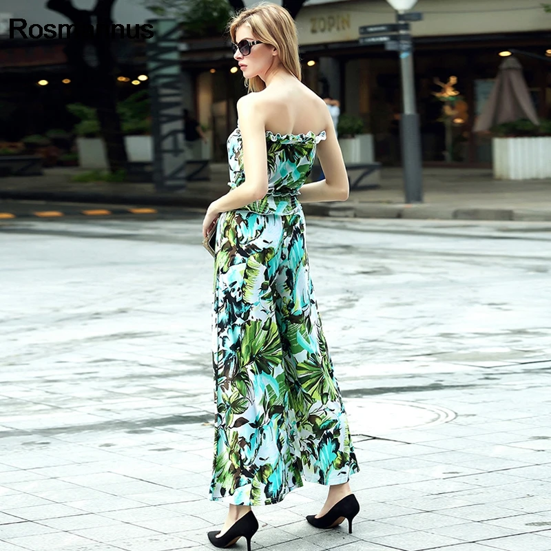 Гофрированный лист печати без бретелек сексуальный комбинезон Boho зеленый