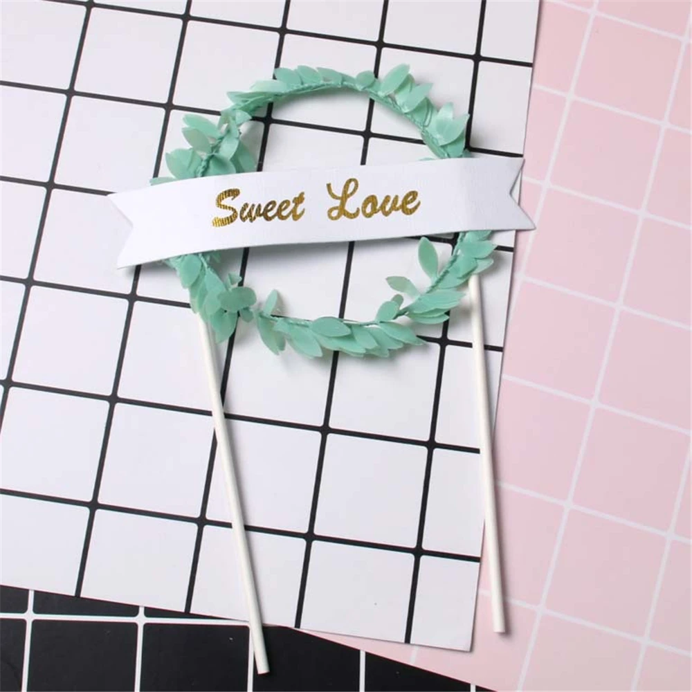 1Pc Blue Artifiacial Flower Green Leaves Pearl Wreath Cake Topper Dessert Decoration for Wedding Birthday Party Lovely Gift | Дом и сад