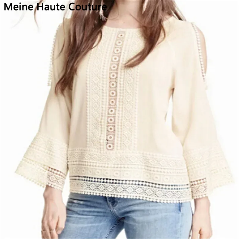 2016 Fashion Women Vintage Lace Sexy Feminina Loose Shirts Crochet Patchwork Casual Blouses Lady |