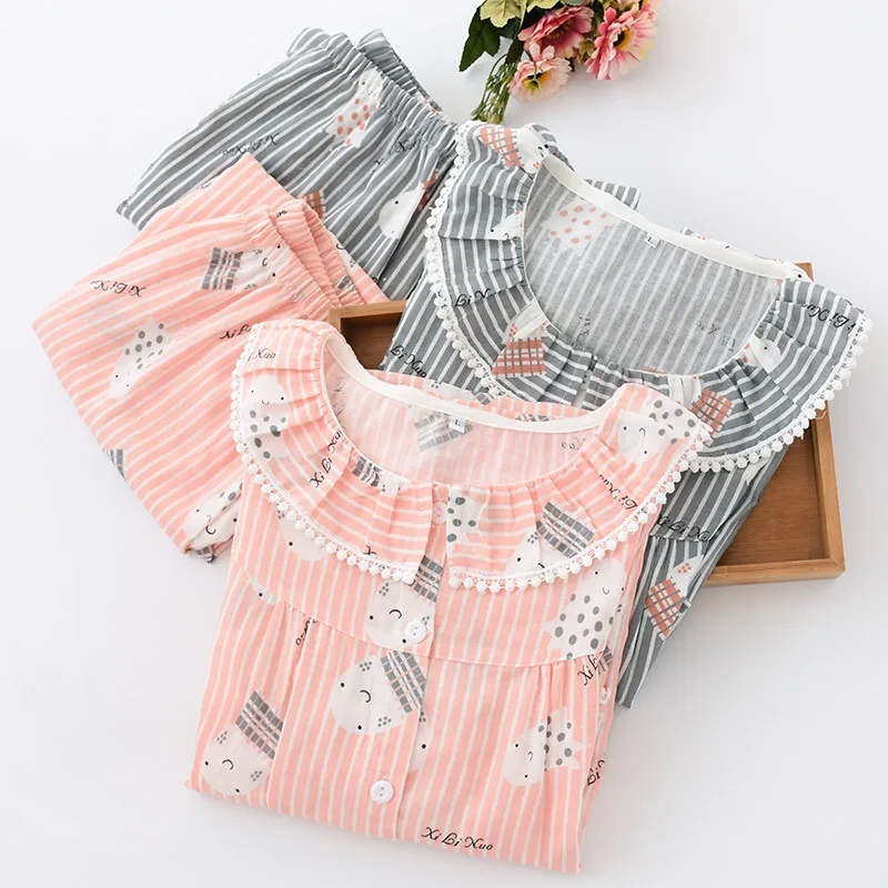 Female Summer Seven-Sleeve Pijama Mujer Pink Pure Cotton Yarn Sleepwear Sexy Pajama Sets Women Korean Cute Sweet Thin Home Suit