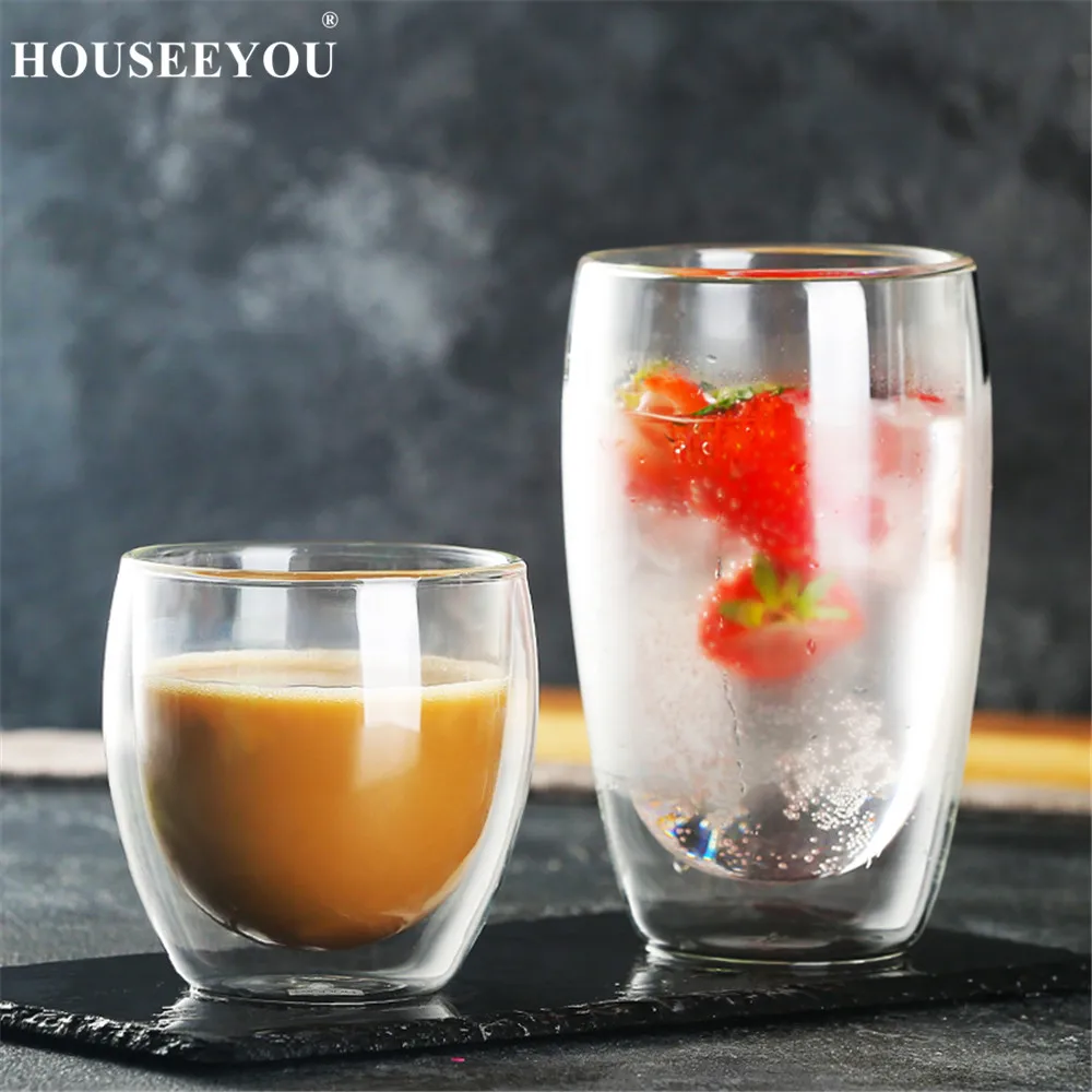 HOUSEEYOU, 2 шт./лот, креативные стеклянные кофейные кружки с двойными стенками, чайная чашка, прозрачные изоляционные стаканы без ножки, вазы, чашки, пивные винные чашки