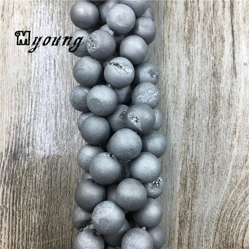 15." Strand Серебристая Argent Титан Натуральный камень Агаты Бусины, матовая Druzy Geode Бусины, круглый Loose Бусины 5strands/лот my0088