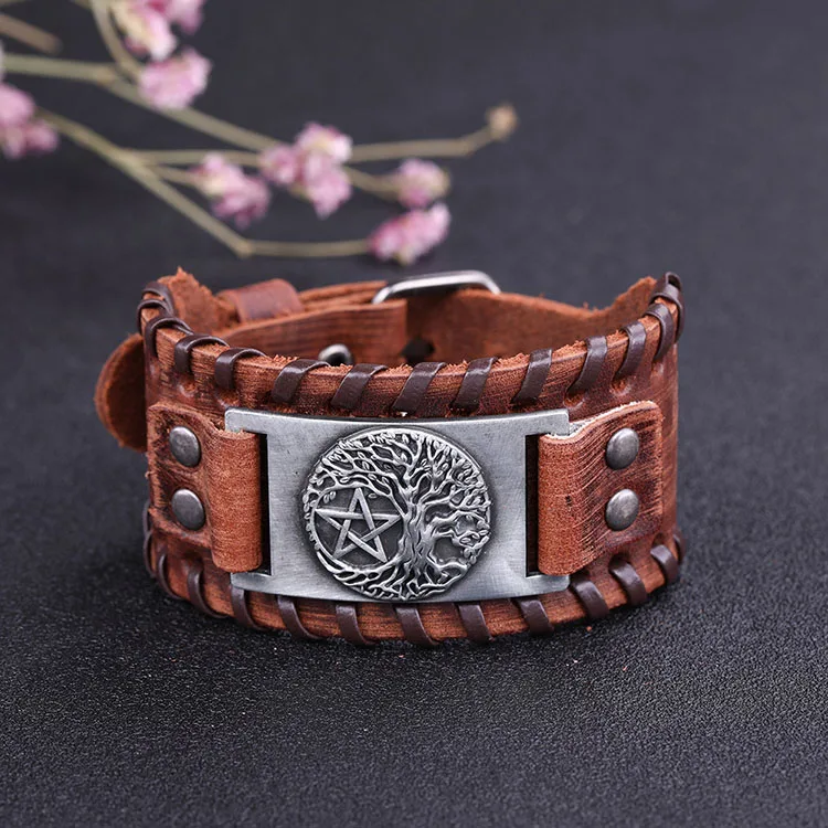 Ancient silver Браслет-манжета My shape Tree of Life с пентаграммой, винтажная звезда, натуральная кожа, ручной работы, браслет с викингом, регулируемые подарки - Окраска металла: Ancient silver