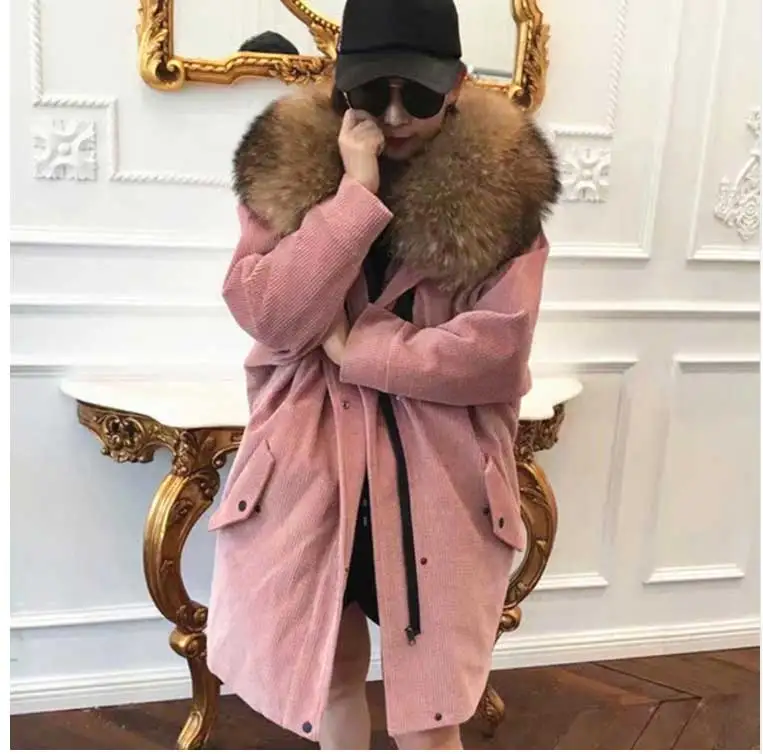 pink Осень Зима Новые женские парки настоящая овечья шерсть съемная подкладка большой мех енота куртка вельветовое пальто свободного размера плюс верхняя одежда - Цвет: pink