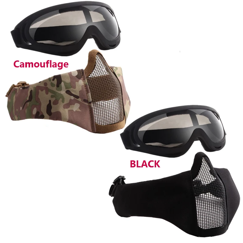 TAK YIYING Airsoft Masks Adjustable Half Metal Steel wire Mesh Face Mask with Tactical Goggles |