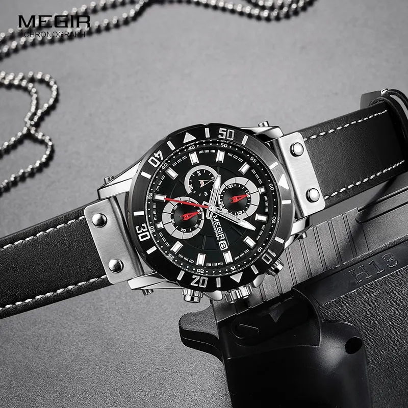 Megir мужские часы лучший бренд класса люкс Reloj Hombre Ретро военный хронограф наручные часы Relogio Masculino часы 2081 черный