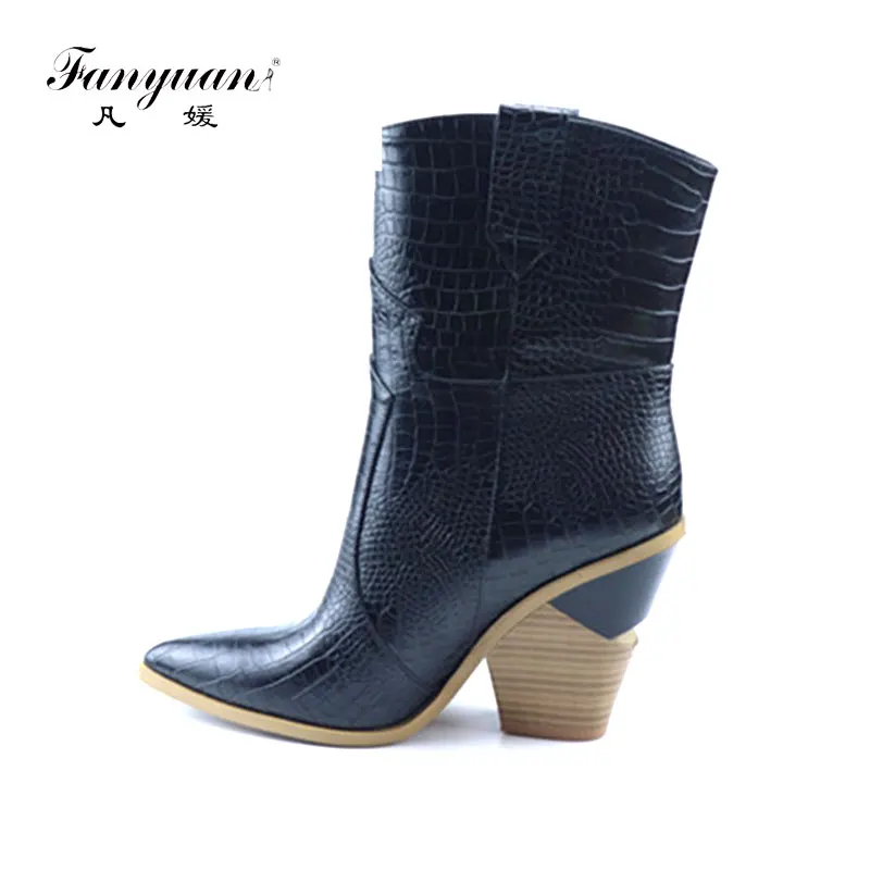 

Fanyuan new arrivals 2019 Plus Size 33-46 Dropship Hoof High Heels Mid Calf Boots Woman Shoes Slip On Shoes Woman Boots