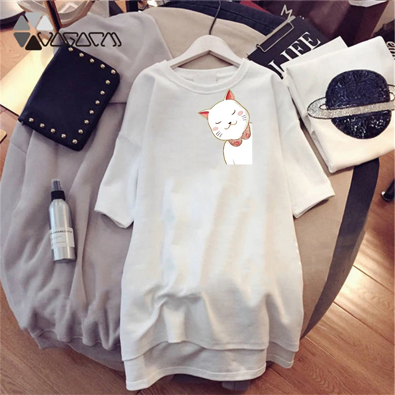 Cute Cat Summer Women Night Dress Print Short Sleeve White Nightgown Casual Loose Clothes   Kawaii Sleepwear Vestido