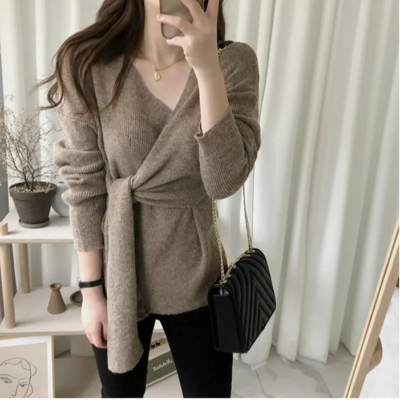 

Women Autumn Sexy V Neck Pullover lacing Sweater Female Jumper Long Sleeve Knitted Tops Pull Femme Hiver Sueter Mujer