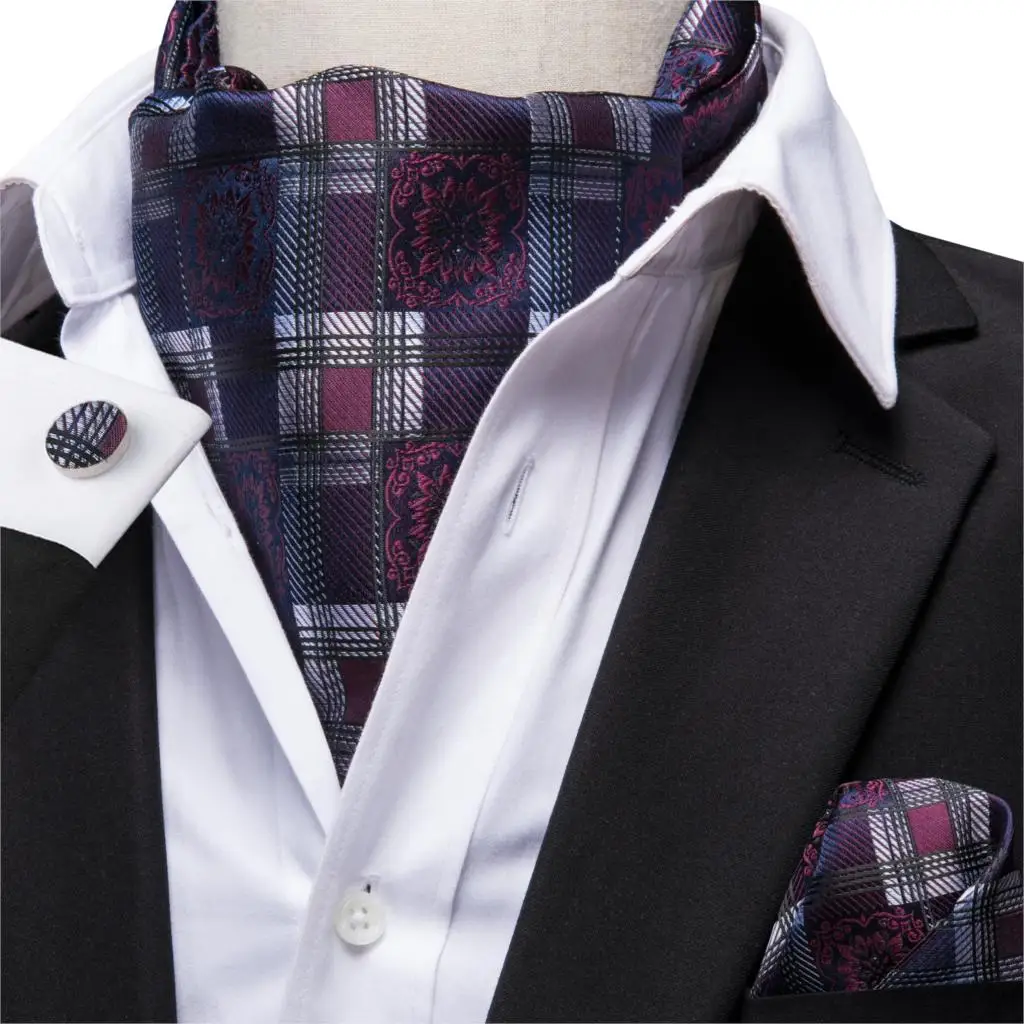 Hi-Tie Men Silk Ascot Black Cravat Checked Asoct Ties Plaid Necktie Pocket Square Cufflink Set Gift for Father/Husband AS-1008 | Аксессуары