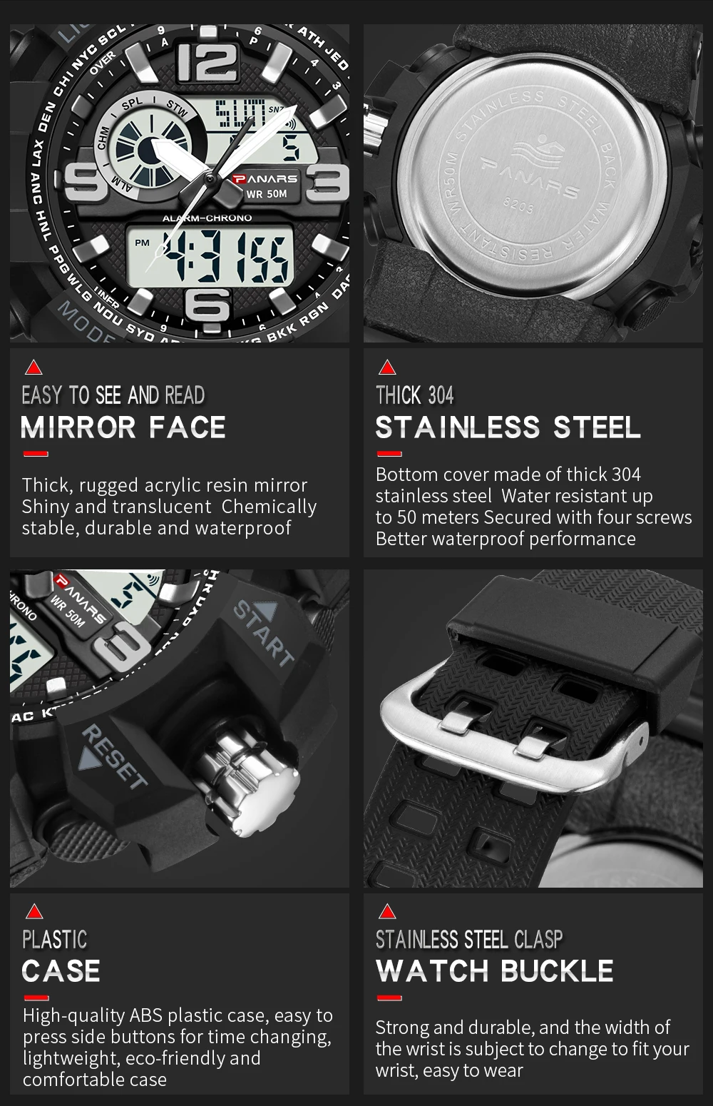 PANARS Men Military Watch 50m Waterproof Wristwatch LED Quartz Clock Sport Watch Male relogios masculino Sport S Shock Watch Men