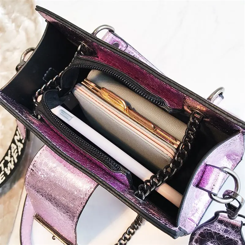 

ETAILL New Arrival Glossy Patent Leather Female Shoulder Bag Letter Wide Strap Chain Luxury Designer Fashion Women Messenger Bag