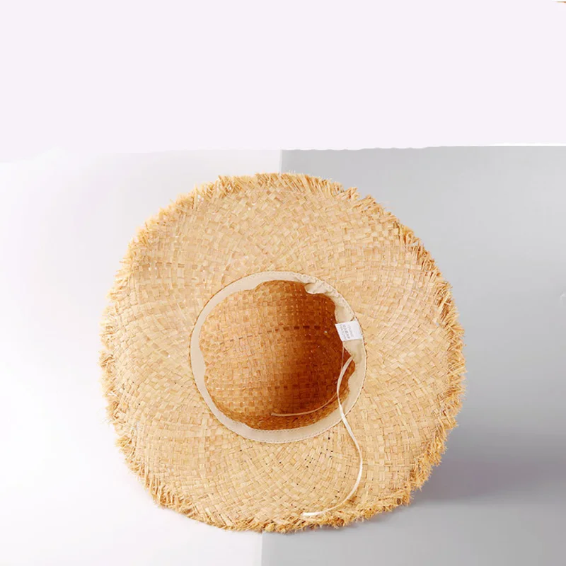 

2019 New Handmade Weave Raffia Straw Hat For Women Black Ribbon Wide Brim Floppy Sun Hat Summer Sombreros Beach Cap Fedora
