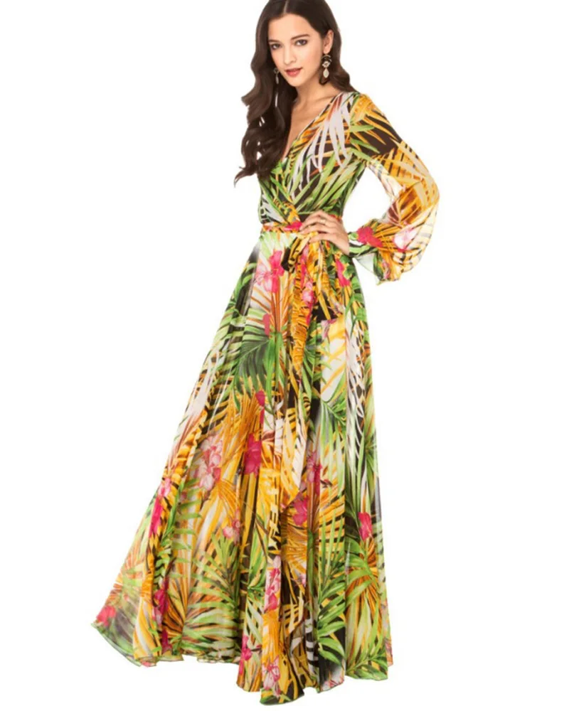 Женское летнее шифоновое пляжное платье с v образным вырезом и длинным рукавом