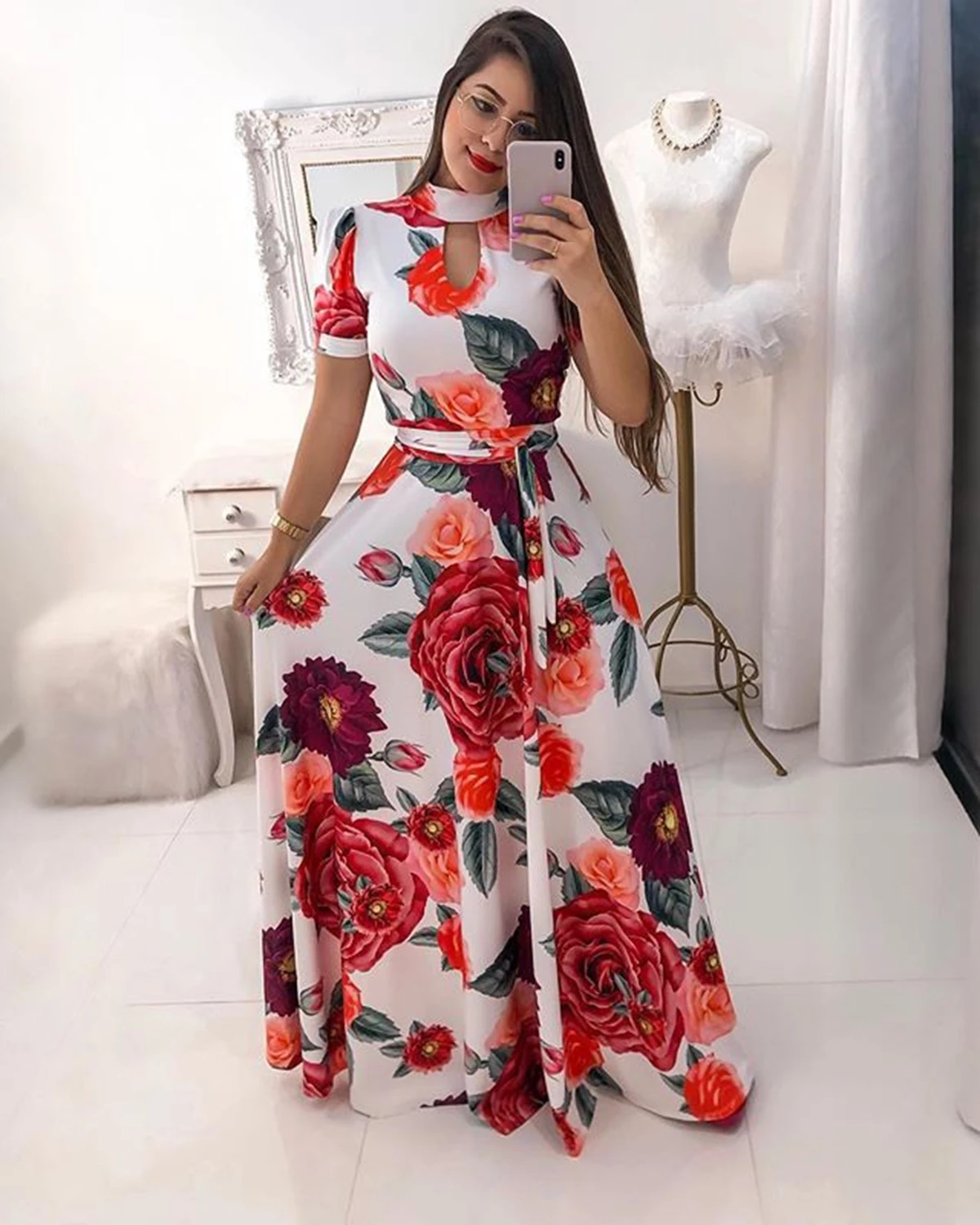 Женское длинное платье макси в горошек с коротким рукавом|Женские платья| |