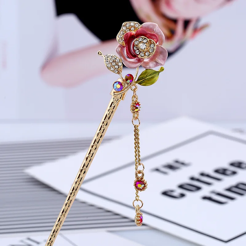 Chinese Traditional Hair Stick Women Handmade Metal Rhinestone Hairpin Fashion Classic Vintage Hair Accessories Tiara haarspeld - Окраска металла: Pink Color