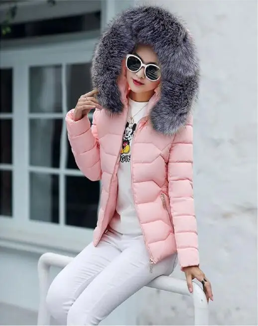 pink Зимняя женская куртка зимний теплый пуховик женский короткий приталенный меховой воротник большой размер женское пальто куртка - Цвет: pink