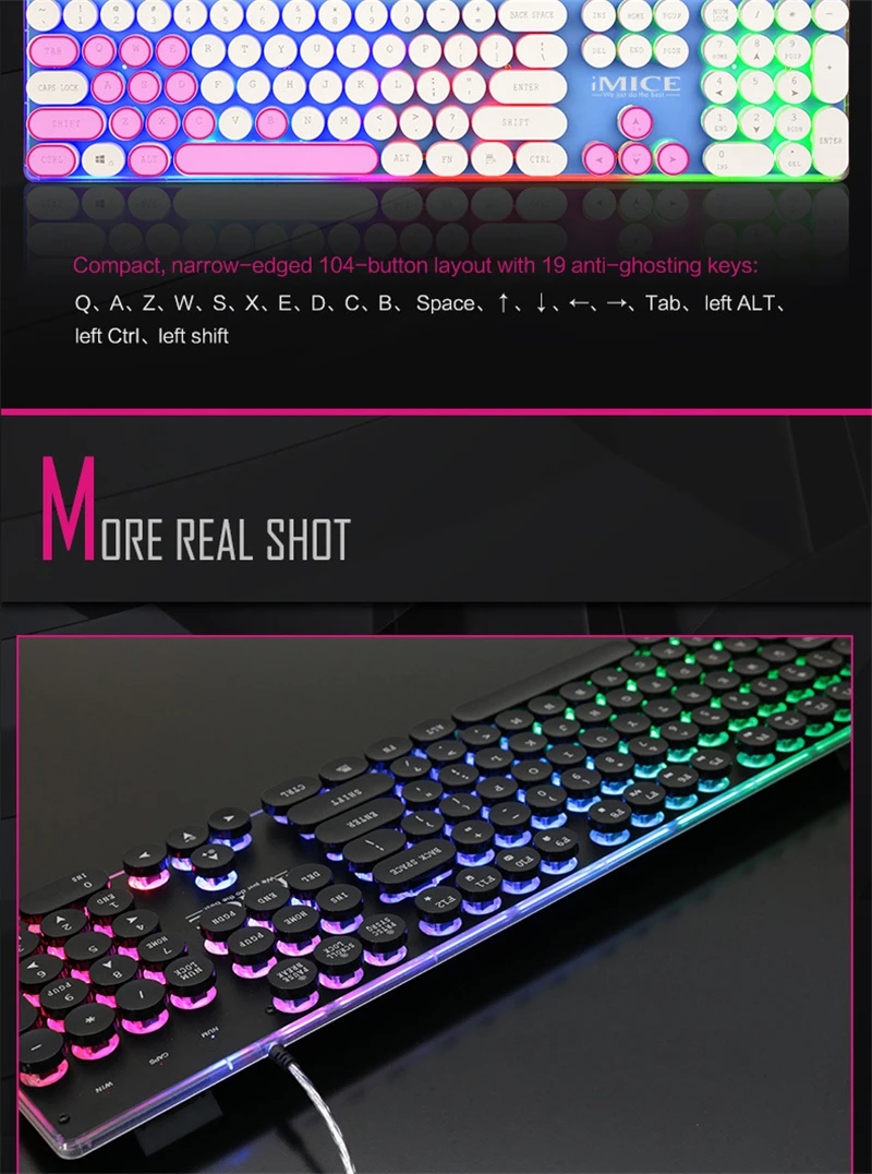 Игровая клавиатура iMice Pro, 104 клавиш, радужная клавиатура с подсветкой, USB Проводная, водонепроницаемая, механическая, светодиодный, геймерская клавиатура