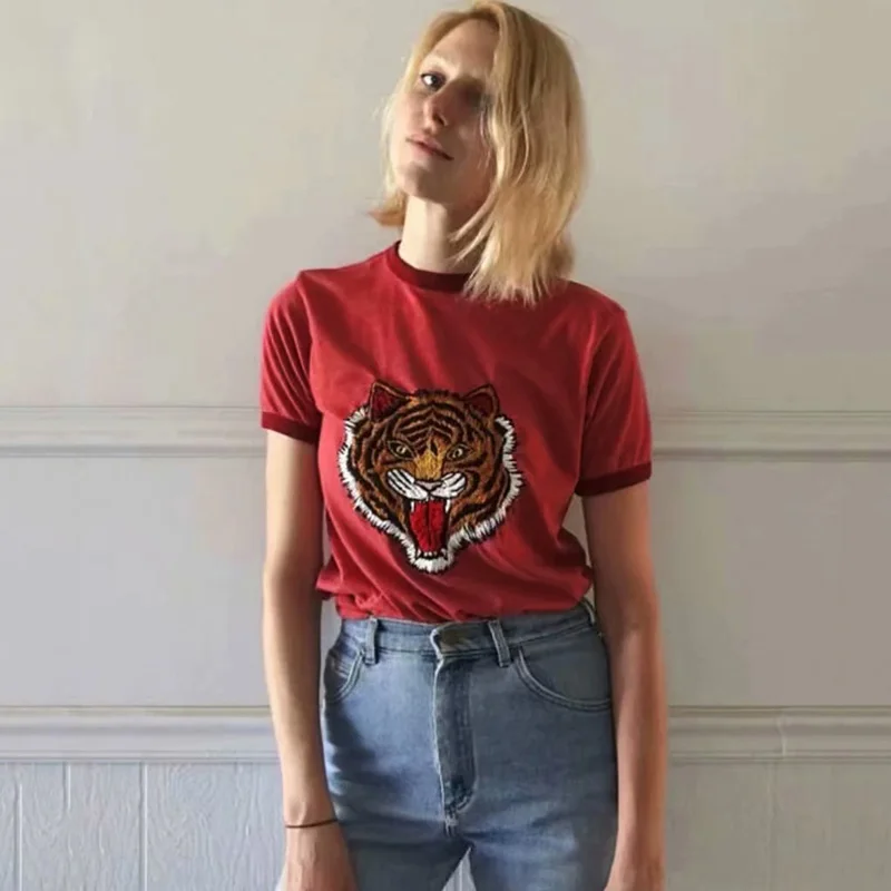 Винтаж тигра печати Graphic Tee Футболка короткий рукав с круглым вырезом летняя уличная Chic Повседневное Топы Для женщин красный Женская одежда футболка