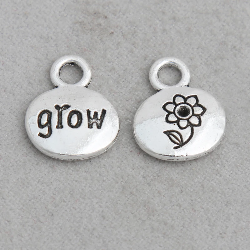 

RAINXTAR Antique Silver Color Round Alloy Grow Letter Charms Flower Stamped Dangling Charms 13*16mm 20pcs AAC1789