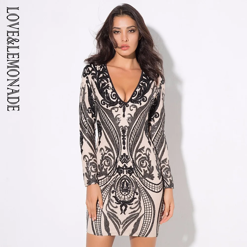 Женское платье с блестками LOVE & LEMONADE золотистое/черное длинными рукавами и V