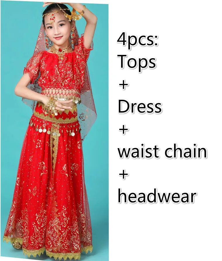 4pcs red Детские индийские костюмы для танца живота, египетские вечерние костюмы для выступлений, танцевальная одежда Для Болливуда, Восточный Костюм для Хеллоуина - Цвет: 4pcs red