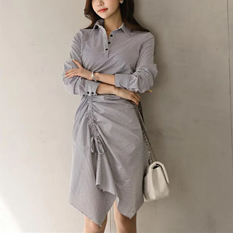 2018 Осень Новый элегантный Для женщин в полоску с длинным рукавом асимметричный