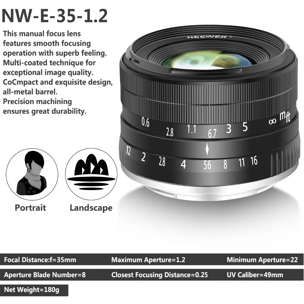 Алюминиевый Объектив Neewer 35 мм F1.2 с большой апертурой Prime APS-C, совместимый с беззеркальными камерами sony E Mount A6500 A6300 A6100 A600