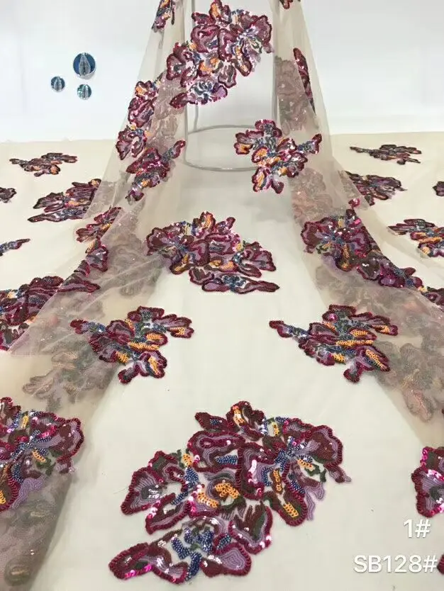 Высококачественная африканская большая кружевная ткань с пайетками винно