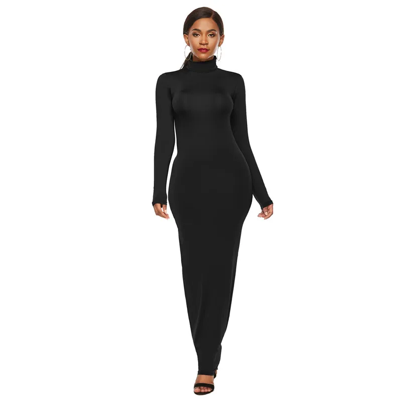 New popular long-sleeved slim women's dress high waist tight collar casual stretch fashion | Женская одежда