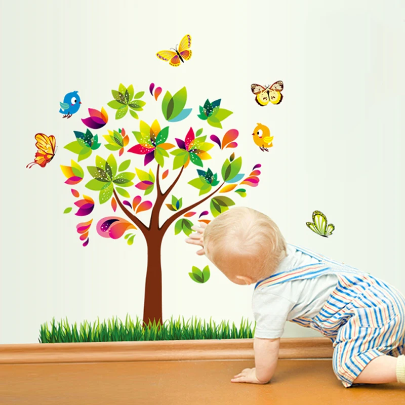 Cute colorful tree wall sticker for kids room removablle children bedroom butterfly decal | Дом и сад