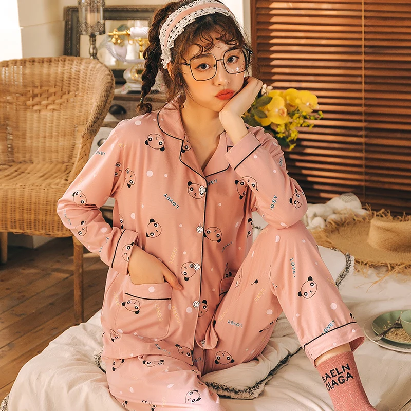 

Autumn Long Sleeve Turn-down Collar Cardigan Women Sleepwear Knitted Cotton Plus Size Pajamas Cartoon Cute Loose Soft Pajama Set