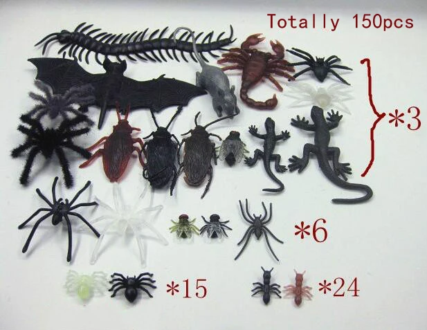 150pcs Mixed Смешанные ужасы, игрушки для Хэллоуина, имитация мышка против насекомых, пластиковый паук, летучая мышь, Скорпион, вечерние аксессуары для украшения на Хэллоуин, GYH - Цвет: 150pcs Mixed