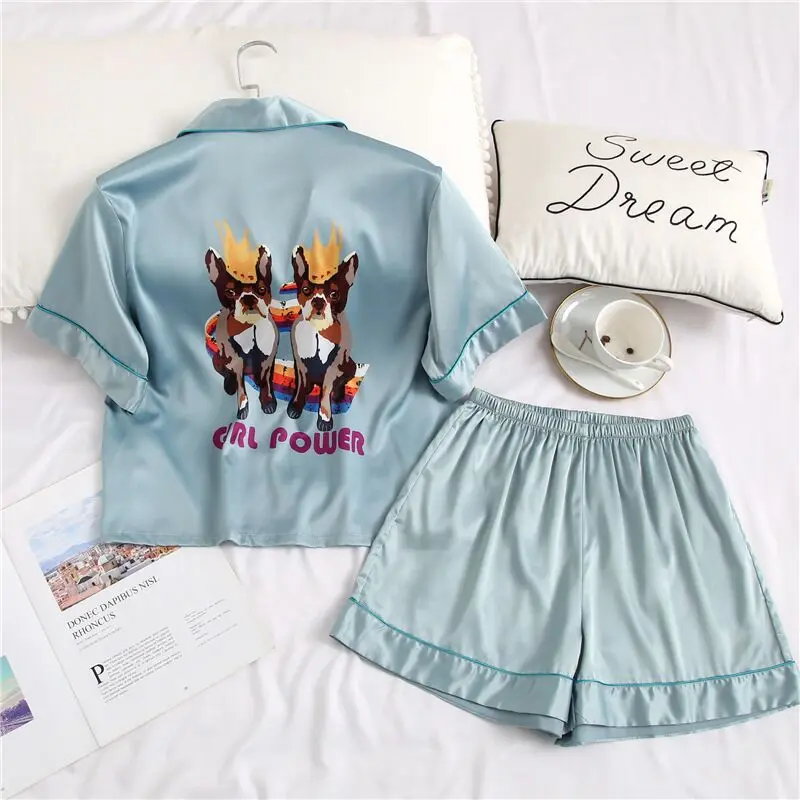 Blue Женские пижамные костюмы с цифровым принтом животных из мультфильмов летние женские шелковые атласные шорты с коротким рукавом, комплект одежды для сна, Пижама для женщин - Цвет: Blue
