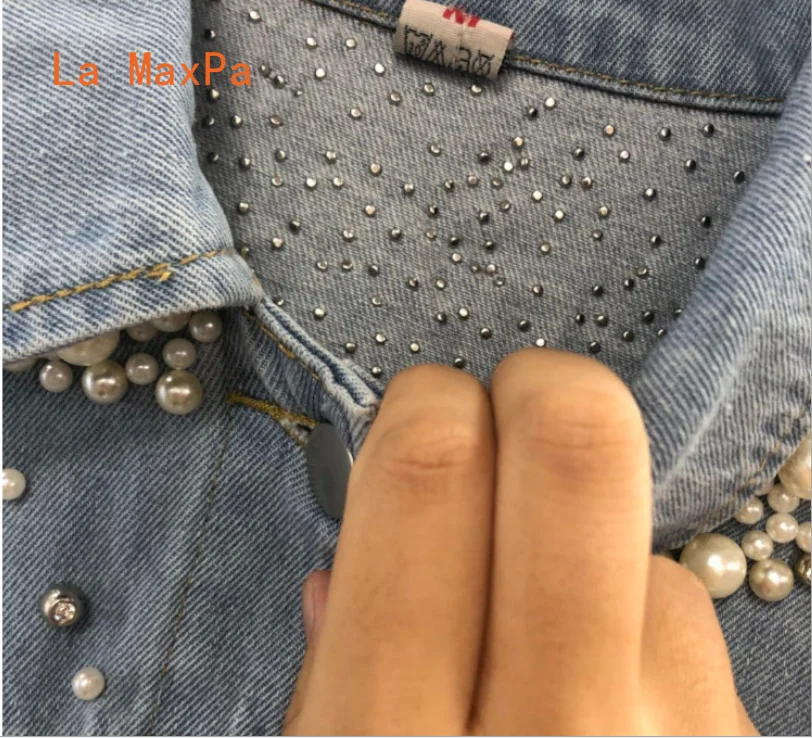 2018 Новый Для женщин джинсовая куртка весна жемчужина Бисер Винтаж светло синий