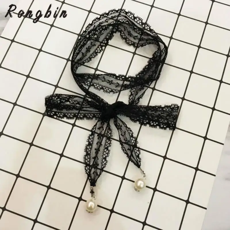 

2019 Long Black Lace Choker Necklace for Women Pearl Chocker Gothic collar Bijoux collier femme Collares Mujer