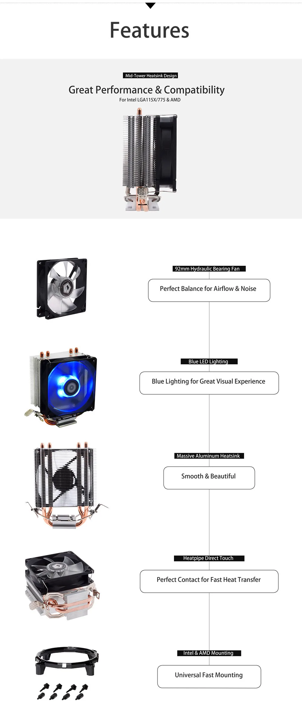ID-COOLING SE-902X PWM кулер для процессора, высокая производительность охлаждения с 2 тепловыми трубками прямого касания, 92 мм вентилятор, синий светодиодный, для Intel& AMD