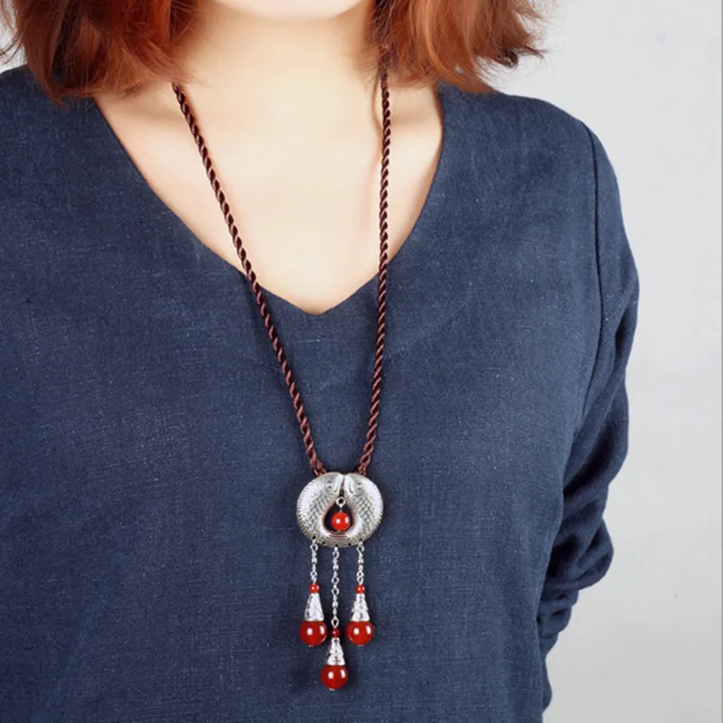 Тибетская бижутерия старинная рыба мода красный камень длинный дизайн ожерелье