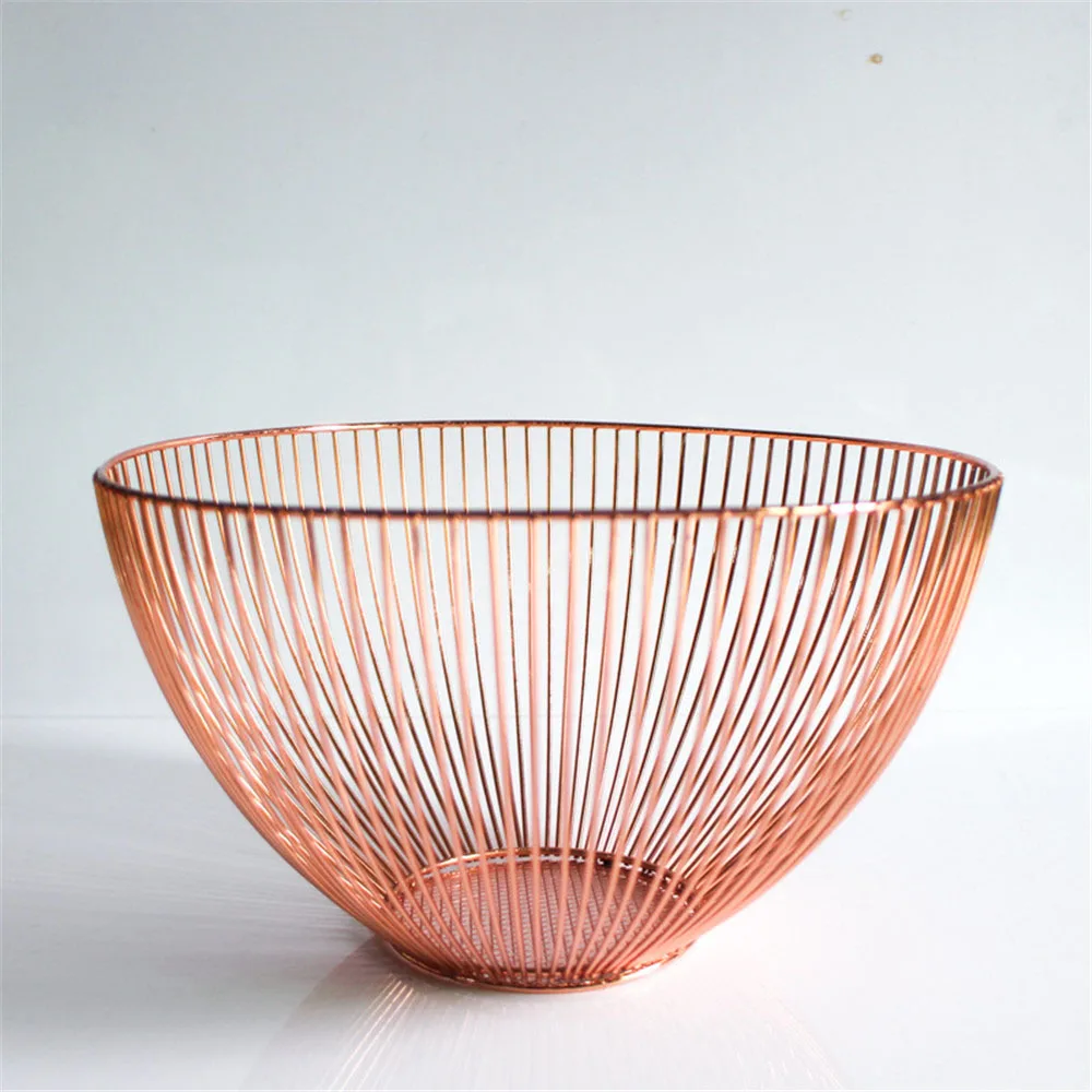 High Rose Gold Скандинавия розовое золото металлическая корзина для фруктов настольная Золотая круглая Кованое железо домашнее хранилище корзина органайзер для овощей корзина - Цвет: High Rose Gold