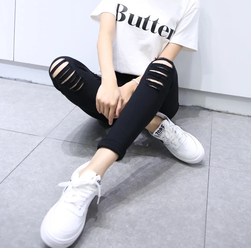 Женские рваные брюки-карандаш с дырками эластичная талия леггинсы вырезами