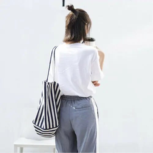 Женская холщовая сумка шоппер в полоску на плечо большой вместительный кошелек