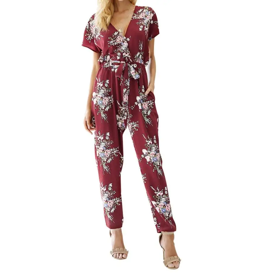 Женский цветочный Boho Спецодежда комбинезон с коротким рукавом Повседневный
