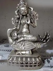 Тибет Белый медь серебро Ездить Утка Гуань Инь Гуань-инь Бодхисаттвы Статуя