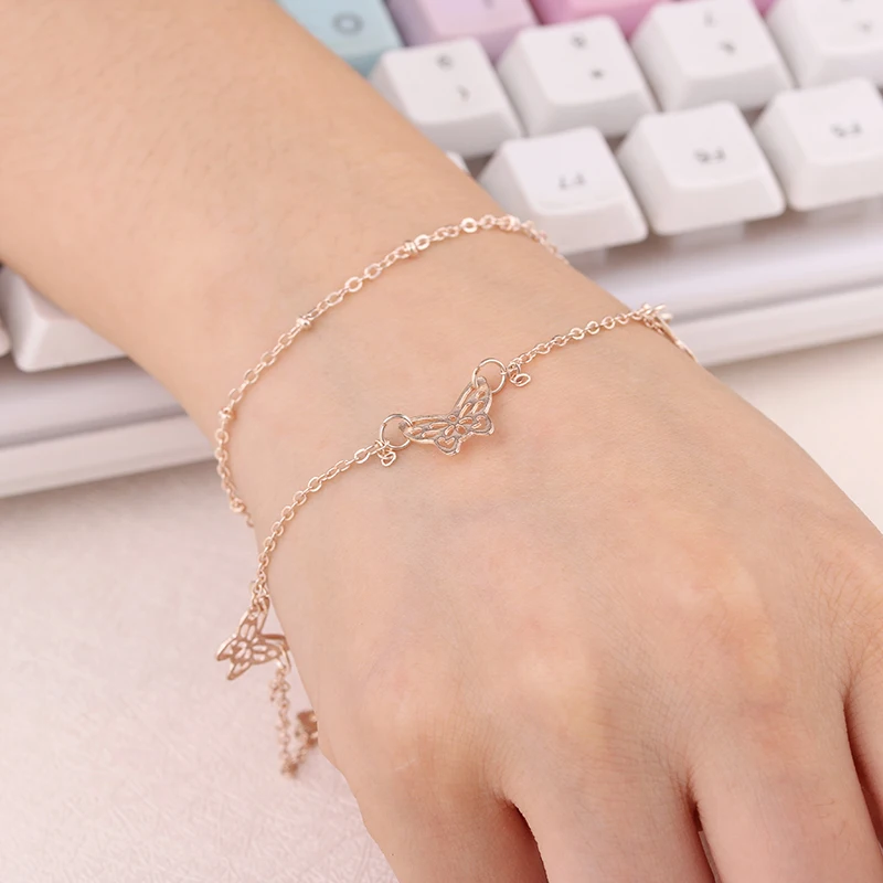 Новая мода Простой цепи двойной Слои Браслеты металлическая бабочка для Для