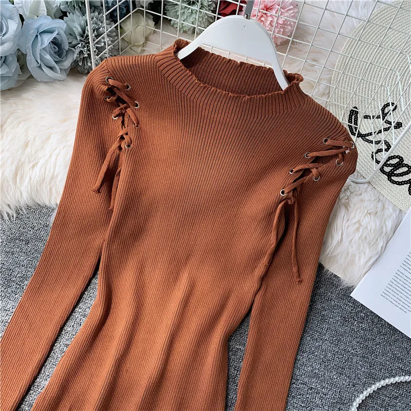 Новая модная тонкая Обувь На Шнуровке на осень и зиму Bodycon вязаный свитер Мини